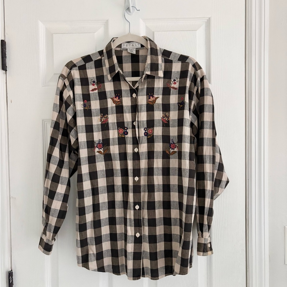 Floral Embroidered Black and White Plaid Shirt